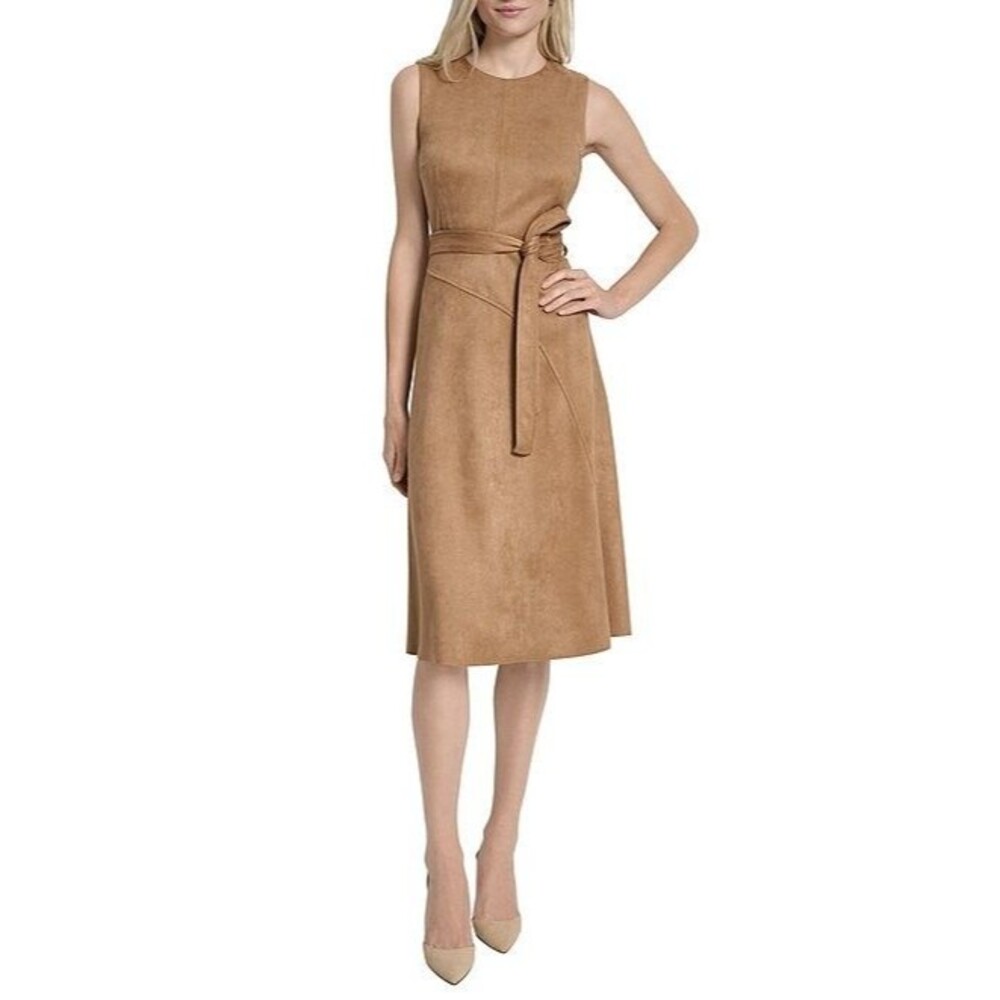 DKNY by Donna Karan Scuba Suede Belted Sleeveless Midi Dress Sz 14 MSRP $144